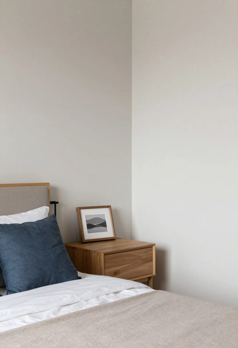 Medium shot: A serene bedroom corner showcasing a muted, nature-first palette—walls painted soft white/pale greige, bedding in off-white sheets with a taupe throw, a single darker accent cushion in smoky blue; mixed wood tones with light oak nightstand and a walnut picture frame; gentle, low-contrast overall look with a slim black metal hardware accent used sparingly; late-afternoon warm natural light.