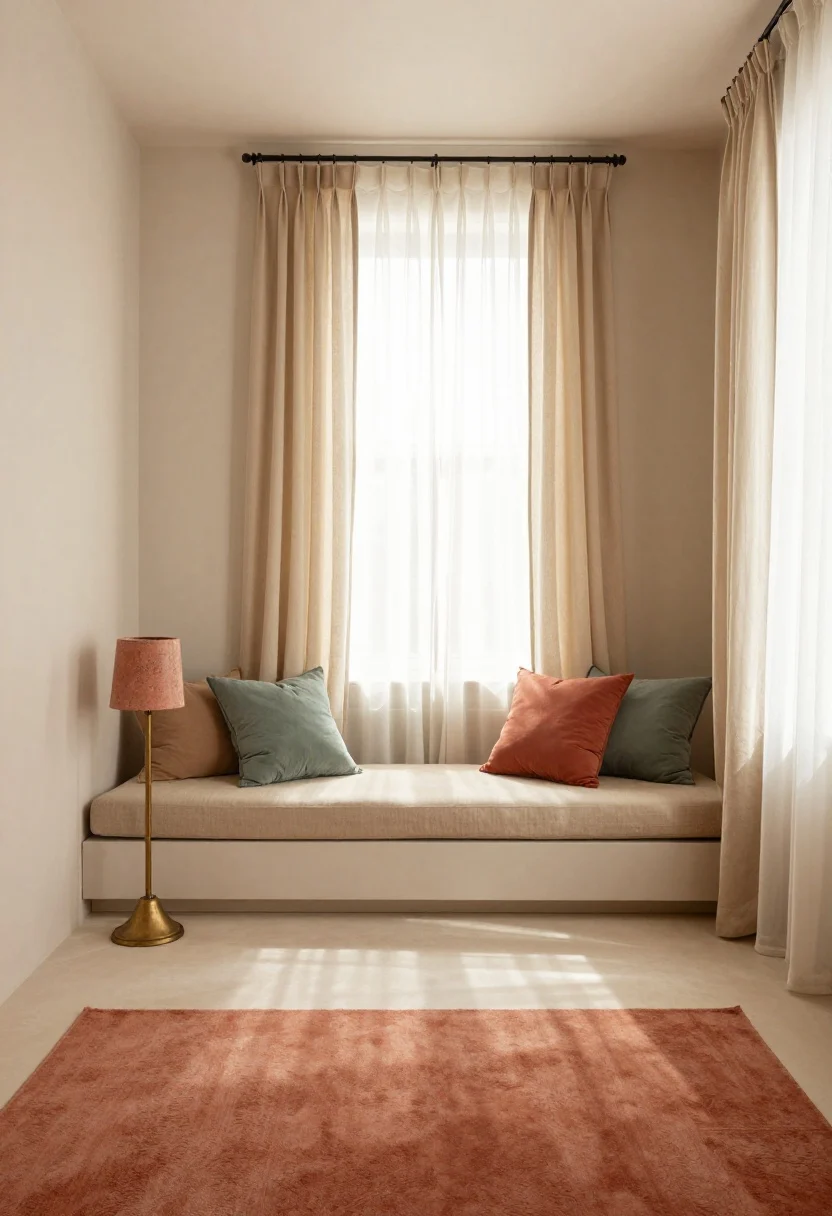 Medium shot: A serene boho bedroom corner with sun-washed colors—sandy beige, terracotta blush, sage, and pale mustard—balanced by warm white walls and curtains. Show a color gradient: darker terracotta on the floor rug, medium sage and dusty coral pillows at eye level, lightest hues up high on walls/curtains. Include a dusty coral bedside lamp or art accent, aged brass or matte black metal detail to ground the palette. Natural morning/late-afternoon glow.