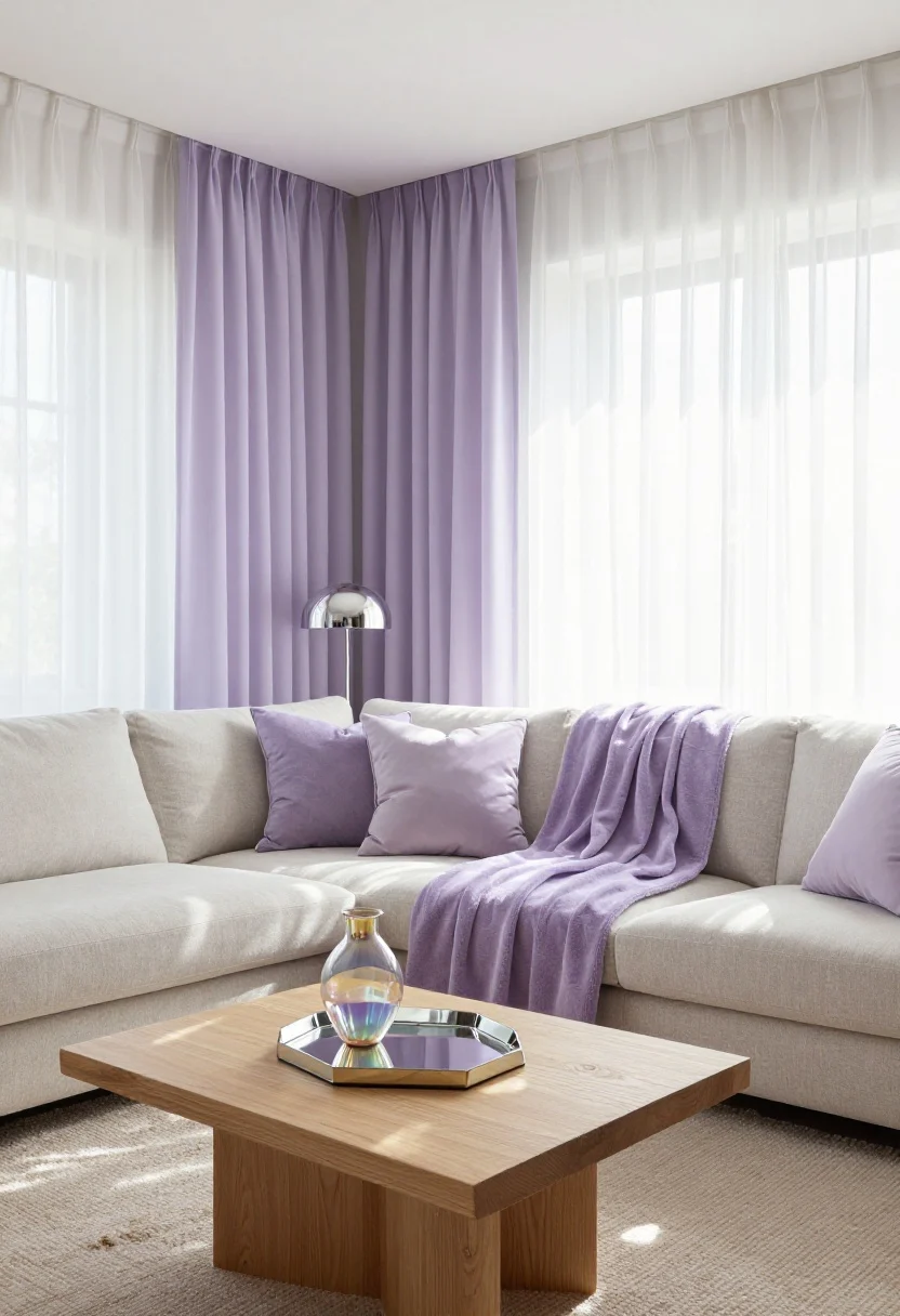 Medium shot, airy ambiance: A cloud-white living room with one ultra-pale digital lavender feature wall. Textiles include a plush lavender throw on a boucle sofa, lilac gradient pillows, and gauzy sheer curtains. Shimmering accents: a chrome table lamp, a mirrored tray, and an iridescent vase catching light. To ground the palette, a pale oak coffee table and a small jute accent rug. Bright, spa-like daylight with soft reflections, futuristic yet calming.