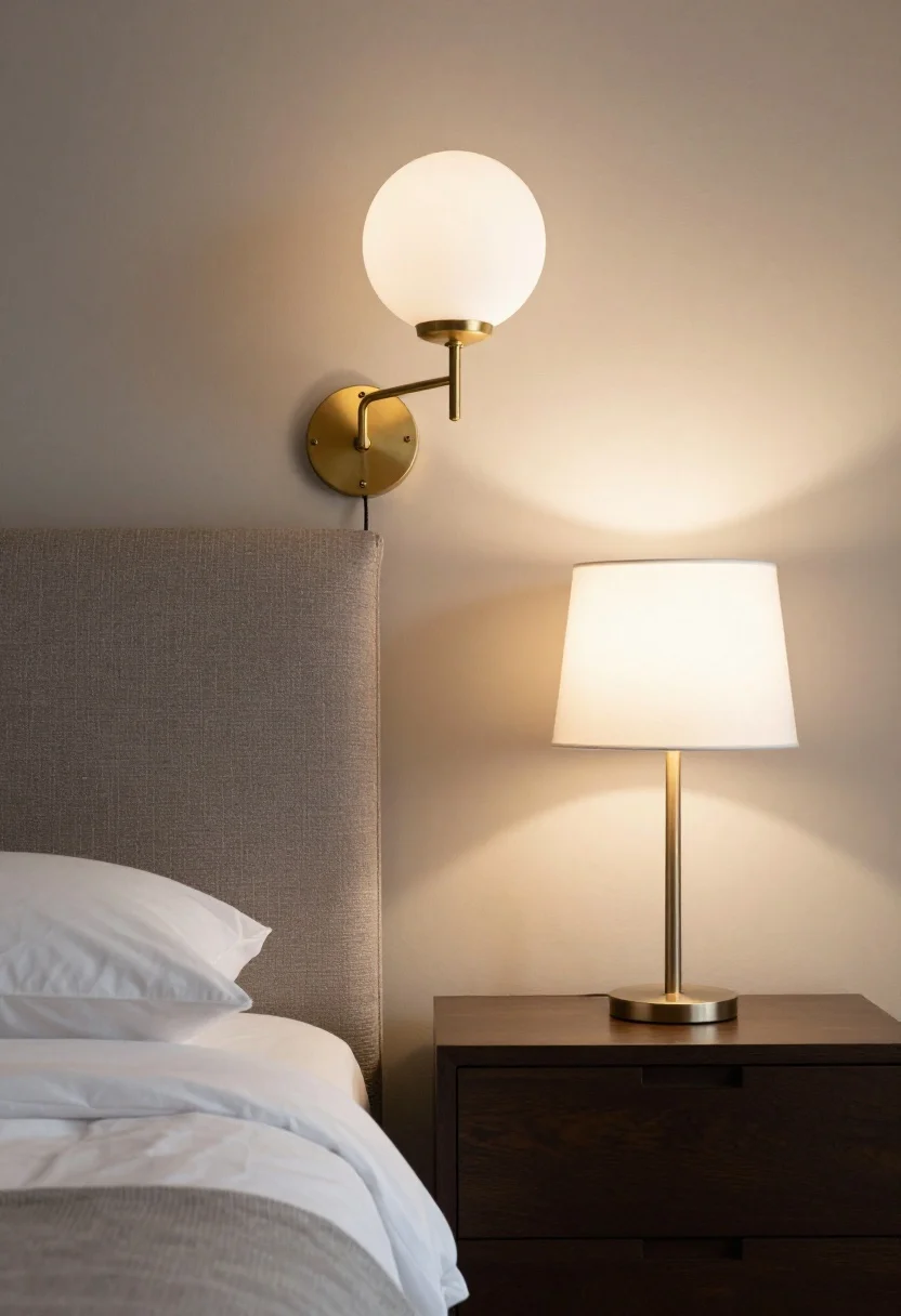 Medium shot: An upgraded bedside vignette with an upholstered headboard and two different but coordinated solutions. On the left, a wall-mounted brass swing-arm sconce with an opaque dimmable shade sits at seated-shoulder height; on the right, a slim tapered-shade table lamp rests on a compact nightstand, freeing surface space on the sconce side. Asymmetry looks intentional and chic, with warm, glare-free light flattering the bedscape.