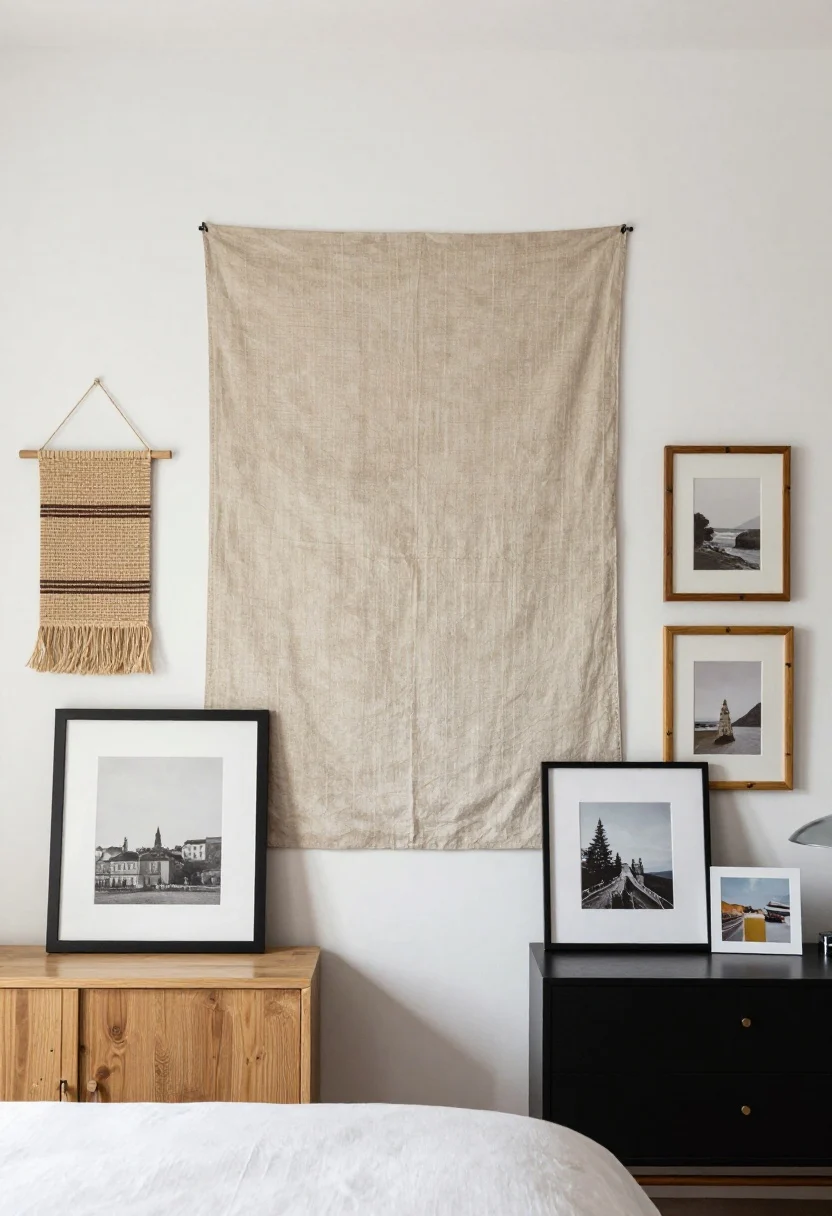 Medium shot: Art-and-textile styled wall above a bed—one larger anchor piece (a vintage textile or linen tapestry) centered, with a relaxed cluster of two to three smaller framed works nearby in natural wood/bamboo or thin black metal frames. Include a woven wall hanging and a couple of travel photos leaning on a dresser. Limit to two dominant colors across art/textiles for a calm, collected-over-time feel.