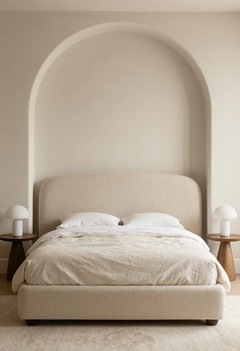 Medium shot: Bed with a rounded, upholstered headboard in bouclé, flanked by globe mushroom lamps; soft-edged oval bedside tables; an arched wall mirror reflecting gentle curves. Palette stays neutral (mushroom, linen, cream), soft textures dominate; small space-friendly layout with no harsh corners; warm, diffused lighting.