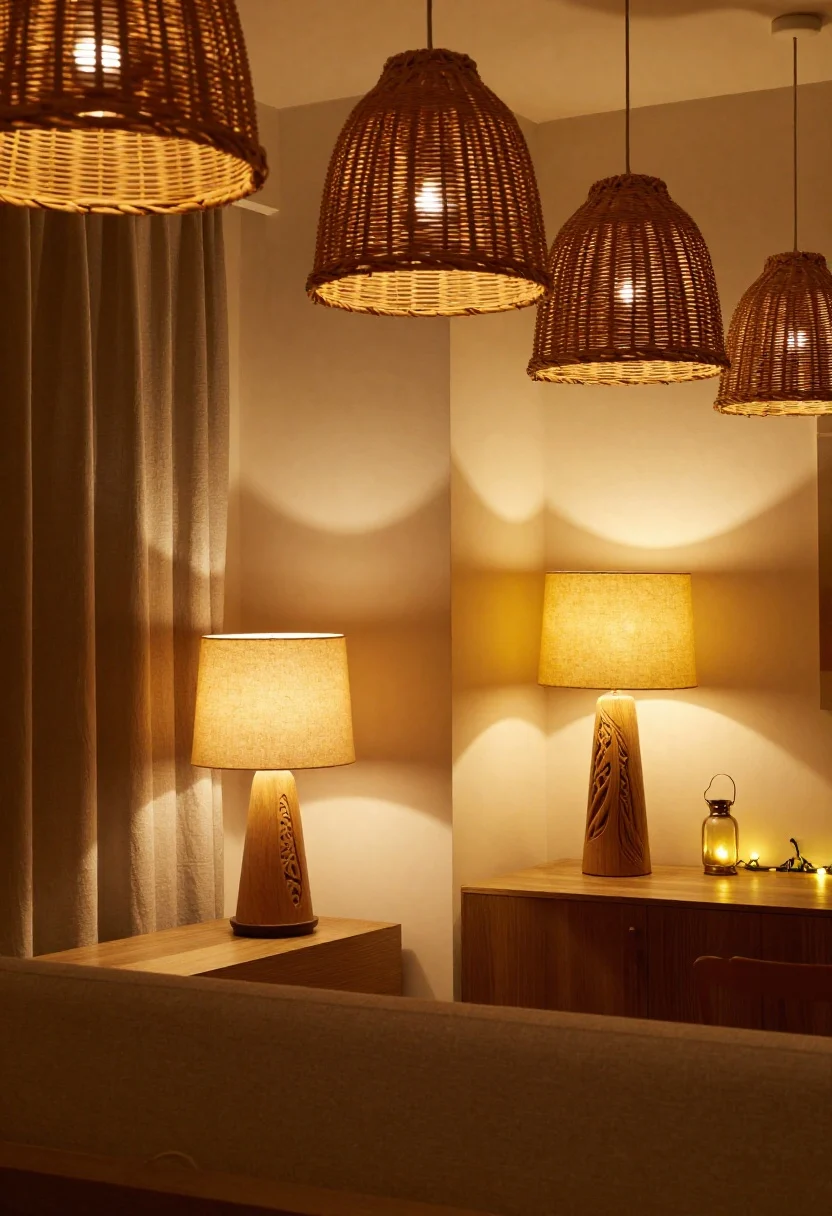 Medium shot: Breezy boho lighting mix at nightfall—warm rattan pendant overhead on a dimmer, two soft linen-shade bedside lamps casting a golden 2700–3000K glow, and a moody accent of lantern-style string lights subtly tucked behind the headboard edge. Carved wood lamp bases, fabric shades (no plastic), paper shade option on a corner fixture. Overall golden-hour ambiance with layered, diffused light.
