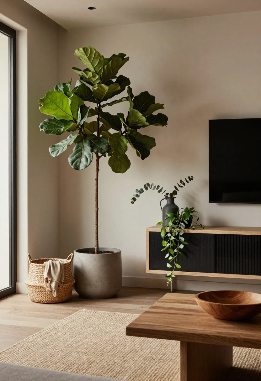 Medium shot bringing the outdoors in: a living room corner with a tall fiddle-leaf fig in a matte planter, a jug on a console holding olive or eucalyptus branches (dried or fresh), and a trailing pothos on a shelf; grounded by a jute or flatweave rug, rattan basket for throws, and a wood bowl on the coffee table; cool, calm evening ambiance with gentle, indirect lighting