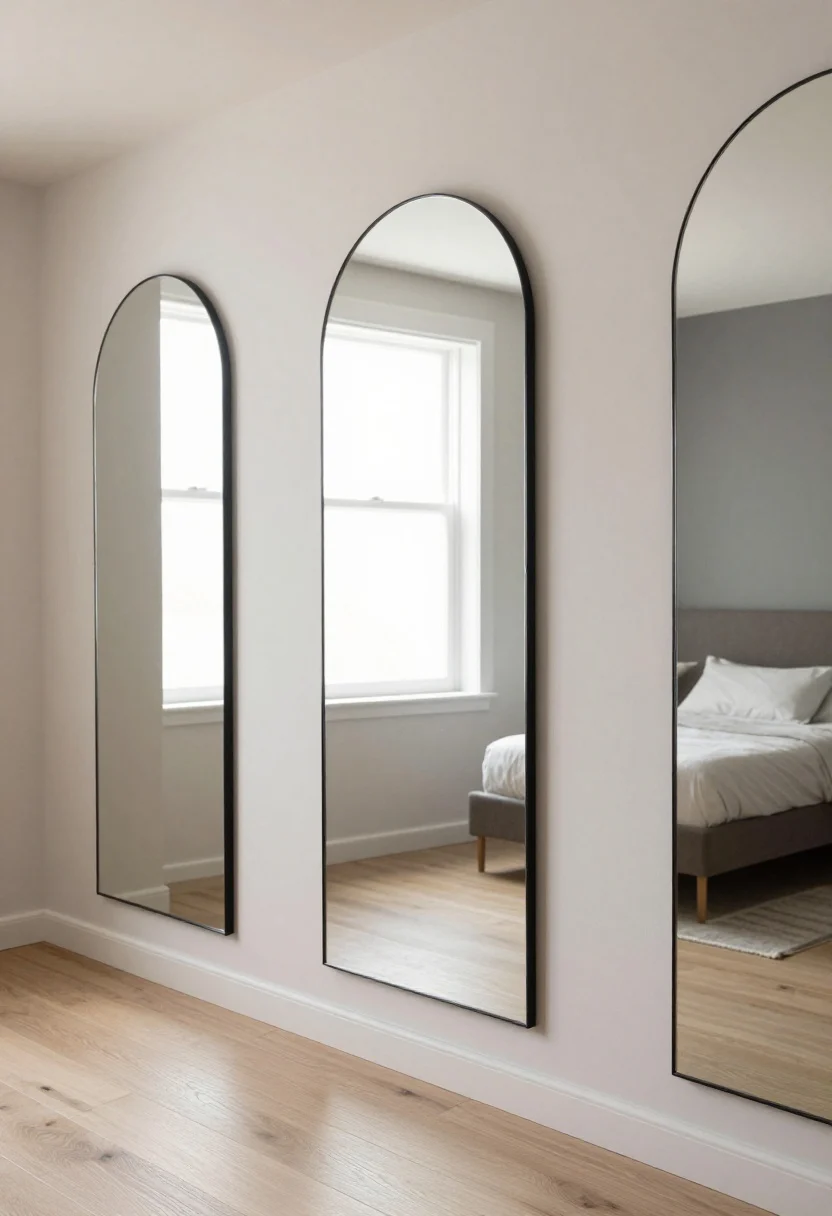 Medium shot capturing a tall arched mirror mounted 4–6 inches above the baseboard, angled to bounce bright window light across the room; additional mirrored closet fronts along one wall to visually double width; soft reflections, no direct view of the bed to keep calm; pale walls, light wood floors, crisp natural lighting.