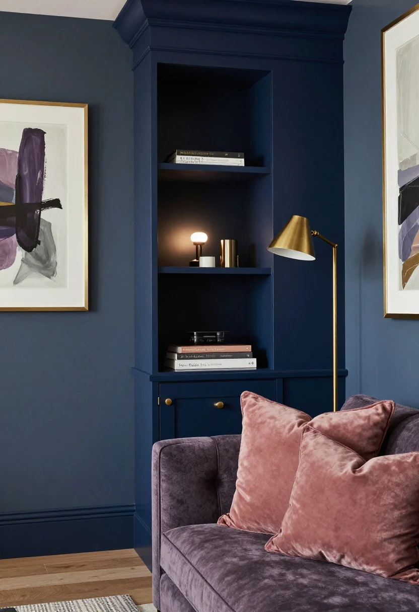 Medium shot, corner angle: A deep navy built-in cabinet anchors the scene with brushed brass hardware; a graphite-blue wall nearby. On a charcoal sofa: mauve throws and dusty-rose velvet cushions. Smoky lilac abstract art in brushed brass frames above. Layered lighting per the note: a brass floor lamp and a small picture light illuminating the artwork so the blues read luxe, not cave. Textured throws and velvet visible, romantic yet grown-up ambiance.