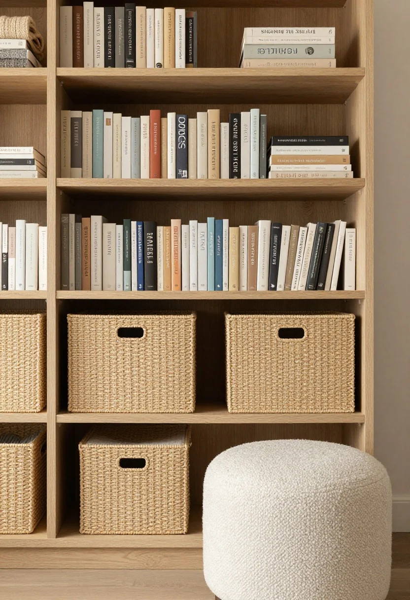 Medium shot focusing on chic storage: a slim bookcase with woven fabric bins on lower shelves and neatly arranged books above; a pair of natural-fiber lidded baskets tucked under a console for blankets and cords; a plush storage ottoman in textured boucle doubling as extra seating. The palette leans neutral—sand, cream, and warm wood—so storage reads as decor. Gentle morning light emphasizes order and warmth.