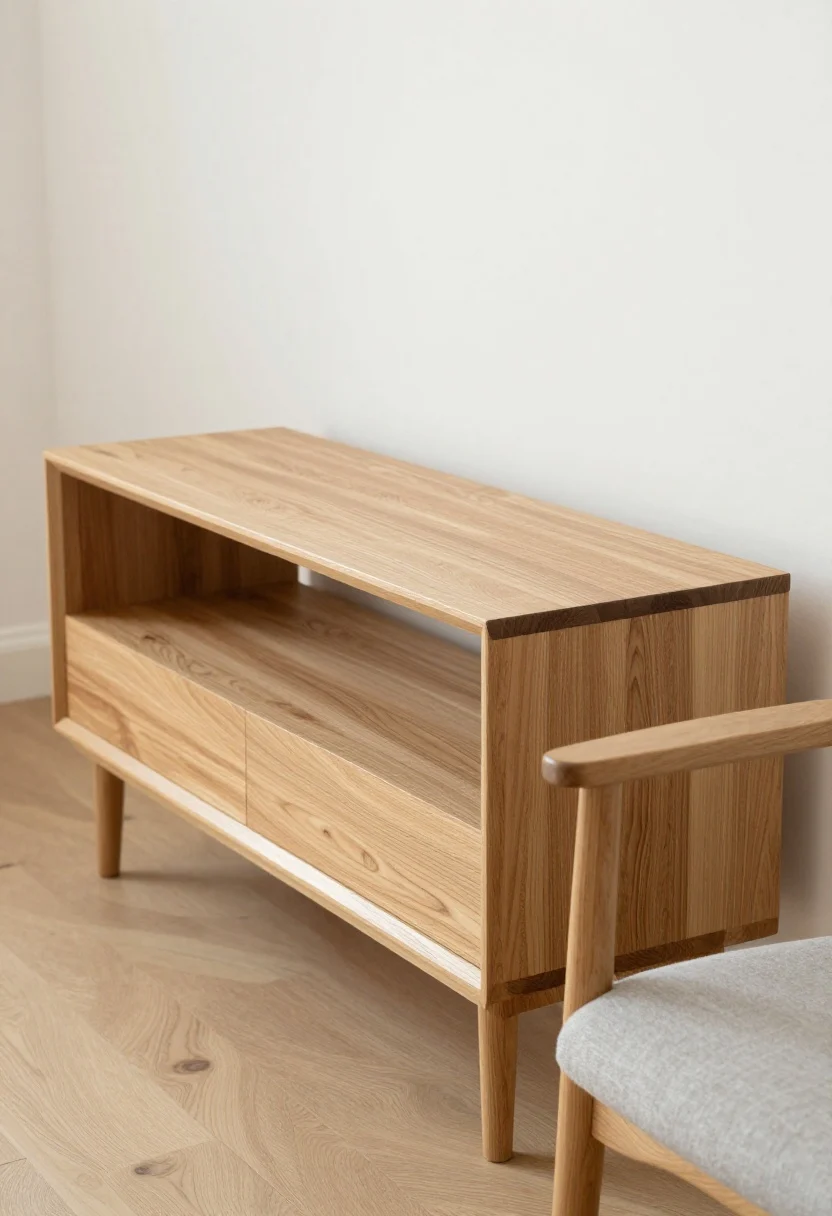 Medium shot focusing on light wood elements: a pale oak coffee table and matching light wood media console with visible grain and satin/oil finish, paired with an ash accent chair; repeated single light-wood species throughout to avoid clutter; white walls to make the wood glow, no high gloss; subtle natural daylight from the side; photorealistic.
