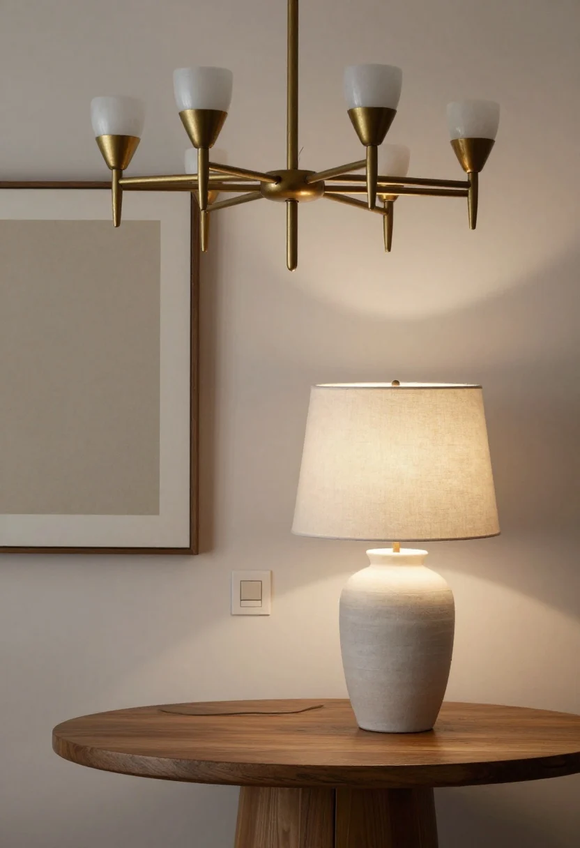 Medium shot focusing on upgraded layered lighting like jewelry: a sculptural chandelier in aged brass above, alabaster sconces flanking neutral art, and a ceramic table lamp with a linen drum shade on a wood console; warm 2700K bulbs glow; visible dimmer switch on the wall; show mix of materials (brass, linen, ceramic) without matching sets; tapered drum shade silhouette and fabric-covered cord visible; evening ambiance with lights on.