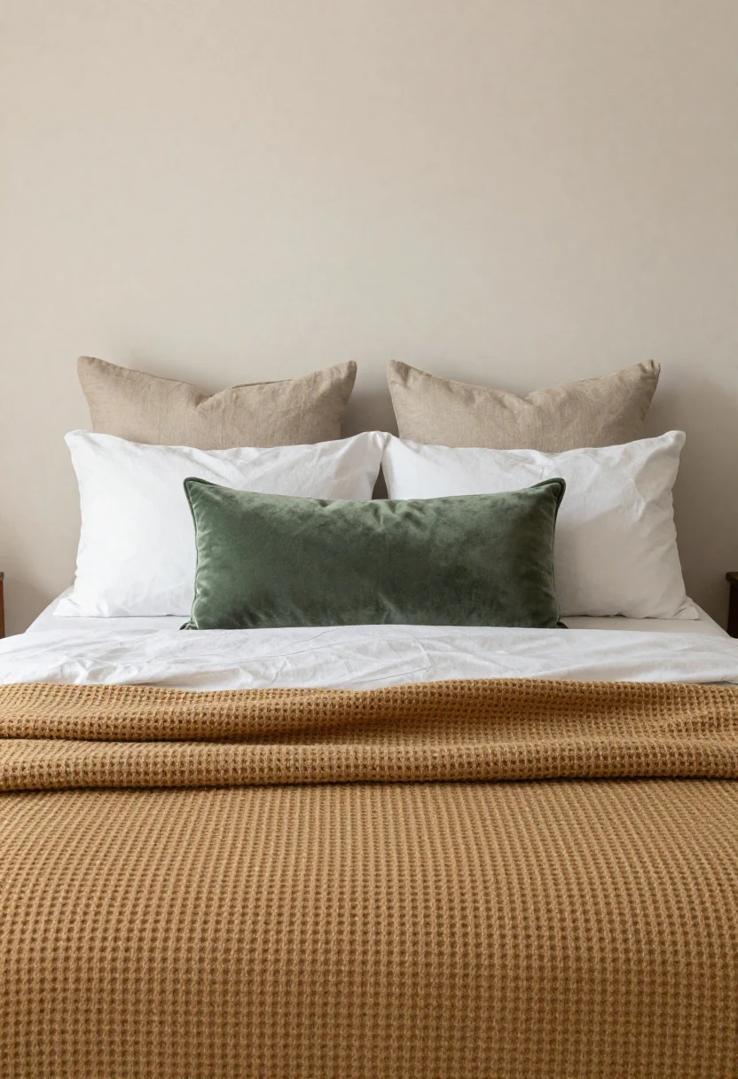 Medium shot from the foot of the bed focusing on layered textiles: a cozy, lived-in bed styled with a chunky waffle-knit oversized throw in warm camel at the foot, two stone-washed linen Euro pillows in soft oat at the back, two standard cotton pillows in crisp white, and one long velvet lumbar pillow in muted moss green centered in front; visible mixed textures—linen, knit, velvet—creating depth; a textured blanket casually pulled from a nearby chair to suggest “shop your home”; soft natural afternoon light for a warm, inviting mood; photorealistic, no people.