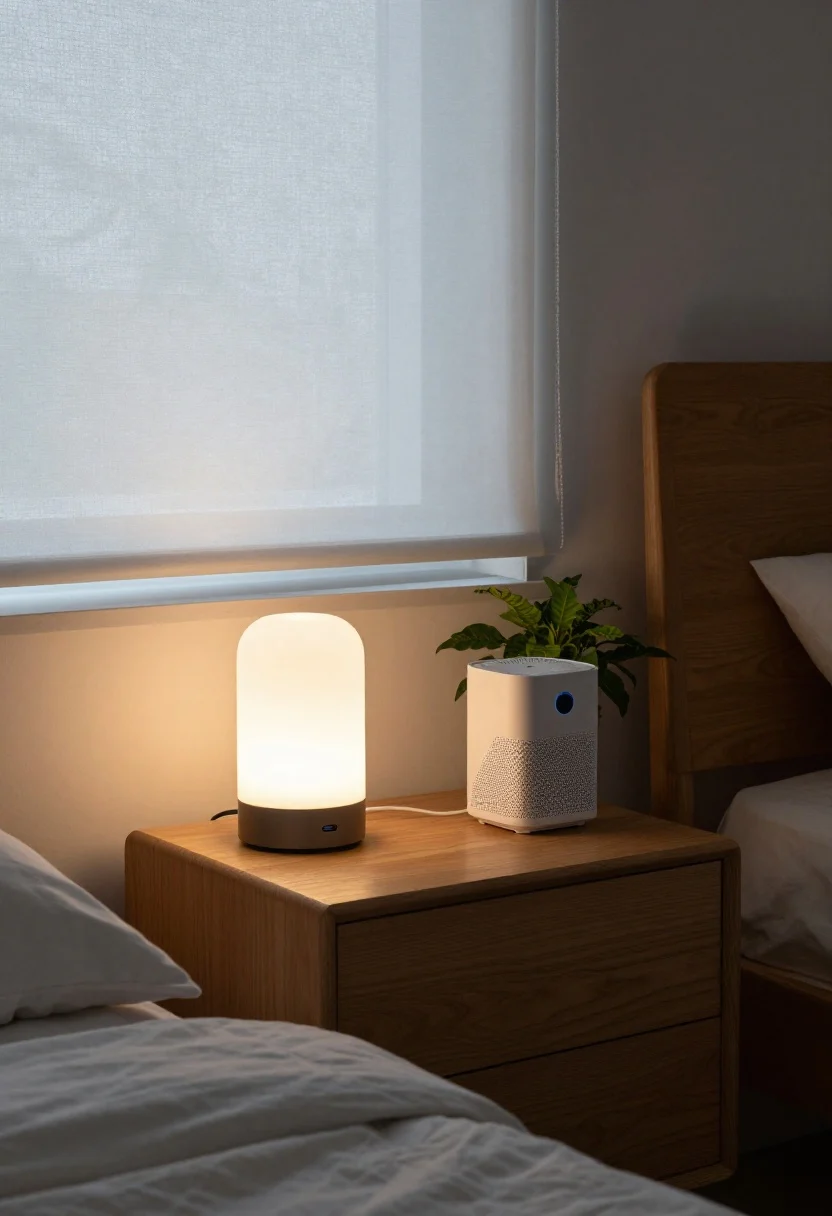 Medium shot: Nightstand and bed scene with quiet, invisible tech—lamp with integrated USB-C, a low-profile wireless charger barely visible on the surface, cordless blackout smart shades partially lowered, and a compact air purifier tucked behind a plant. Minimal blue light, clutter-free surface; warm evening glow.