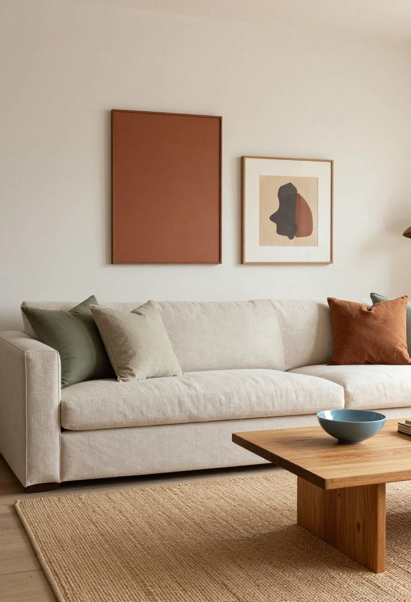 Medium shot of a living room vignette showing a breezy three-color palette: neutral base (light beige sofa and sandy flatweave rug), dusted earthy green pillows, and a deeper terracotta accent in artwork; gentle blue ceramic bowl on a wood coffee table; warm rattan elements balancing cool tones; evening lighting enhances warm hues, cozy yet fresh