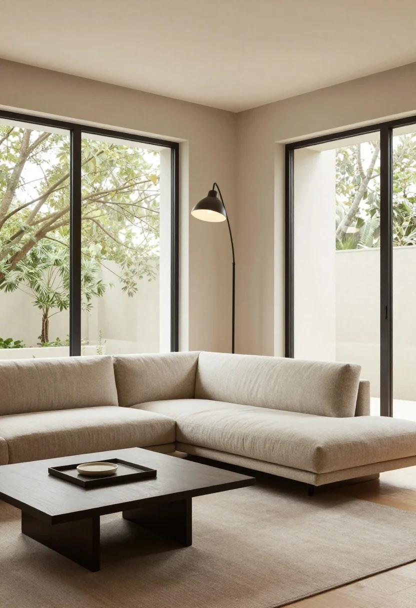 Medium shot of a low-profile setup: armless, low-slung sofa with exposed legs kept below the windowsill height, leggy coffee table that hugs the floor, and a tall, elegant floor lamp drawing the eye upward. Windows unobstructed to let light bounce around. Neutral palette with warm undertones, soft daylight, corner angle to show increased ceiling height and open sightlines.