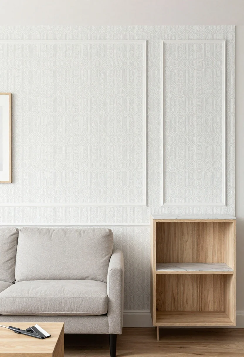 Medium shot of a rental-friendly feature wall: peel-and-stick wallpaper with a tight-repeat geometric pattern in soft gray and white behind a neutral sofa, creating a crisp focal point. Thin peel-and-stick trim forms faux molding panels framing a piece of art. Nearby, a basic bookshelf is refreshed with peel-and-stick light-oak wood grain on shelves and peel-and-stick marble on the top surface. Include a squeegee and utility knife on a side stool, suggesting easy DIY; bright natural light, clean lines.