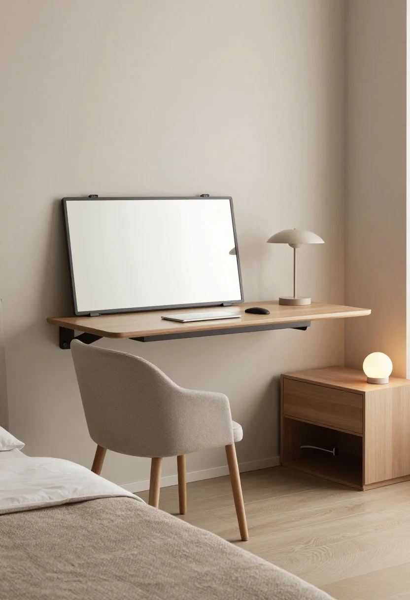Medium shot of a wall-mounted fold-down desk aligned with the foot of the bed, open as a workspace; a slim, armless chair tucked fully beneath; nearby nightstand-desk hybrid surface with a lamp; hidden power strip inside a cable box, discreet cable routing; clean sight lines and airy composition; soft task lighting with neutral tones.