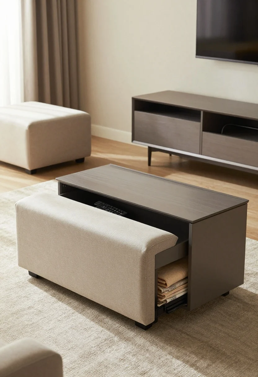 Medium shot of double-duty furniture: an ottoman coffee table with a tray on top, shown open to reveal hidden storage for throws and remotes; nesting side tables partially pulled out for guests; a slim media console with concealed cable management and closed doors. Clean surfaces, reduced visual noise, warm ambient daylight, three-quarter angle.