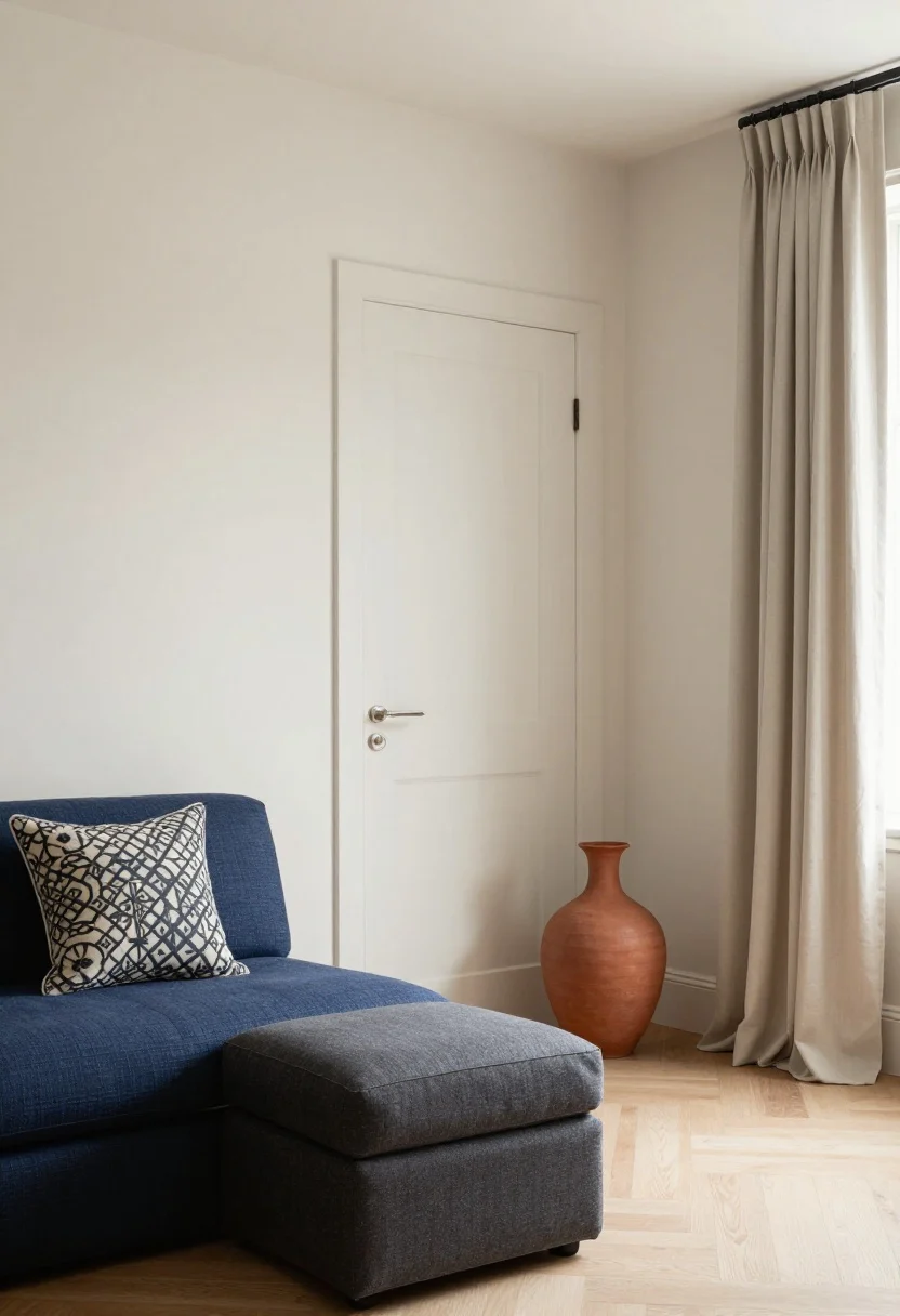 Medium shot showcasing color strategy: walls, trim, and doors painted a unified warm off-white/soft greige for seamless height; layered mid-tone accents including a deep blue throw, an earthy terracotta vase, and a charcoal ottoman grounding the space. Curtains matched to wall color. Medium-scale patterns on a cushion or throw to avoid clutter. Soft, warm daylight, photorealistic.