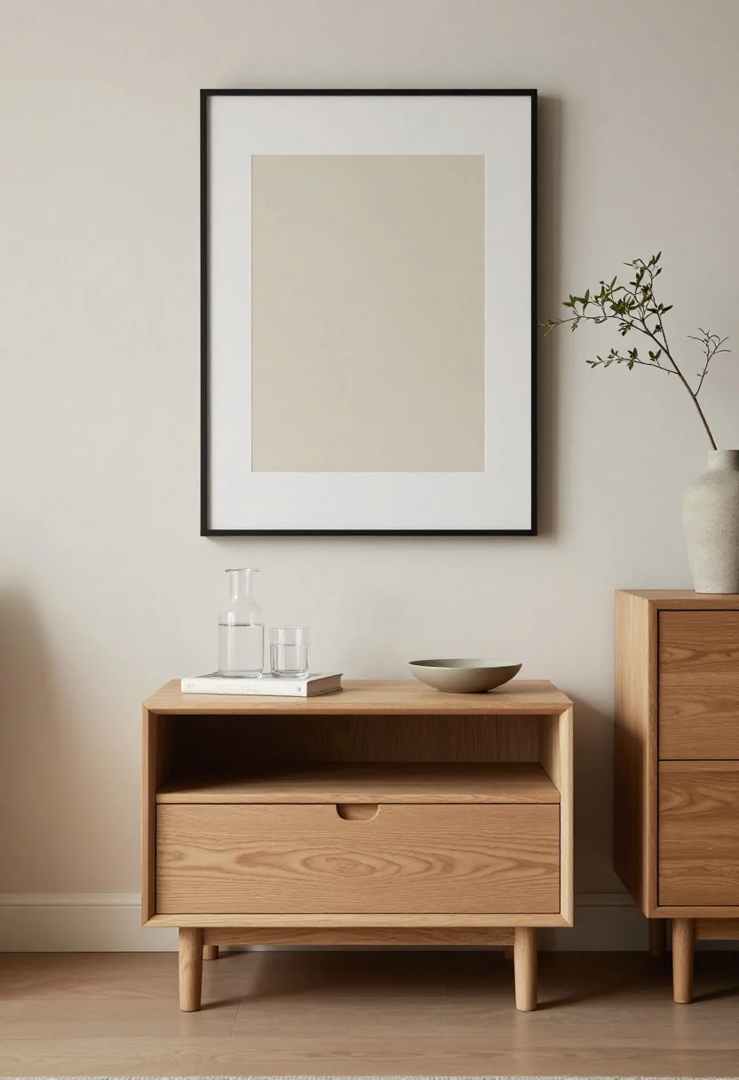 Medium shot, straight-on: Elevated minimal nightstand vignette—closed storage nightstand in light wood with its top nearly bare except for a clear glass water carafe and cup, a single book, and a small matte ceramic dish; above the bed, one oversized, simple framed artwork replacing a gallery wall; a tall sculptural vase with a single branch on a nearby dresser; calm, uncluttered surfaces, soft ambient daylight.