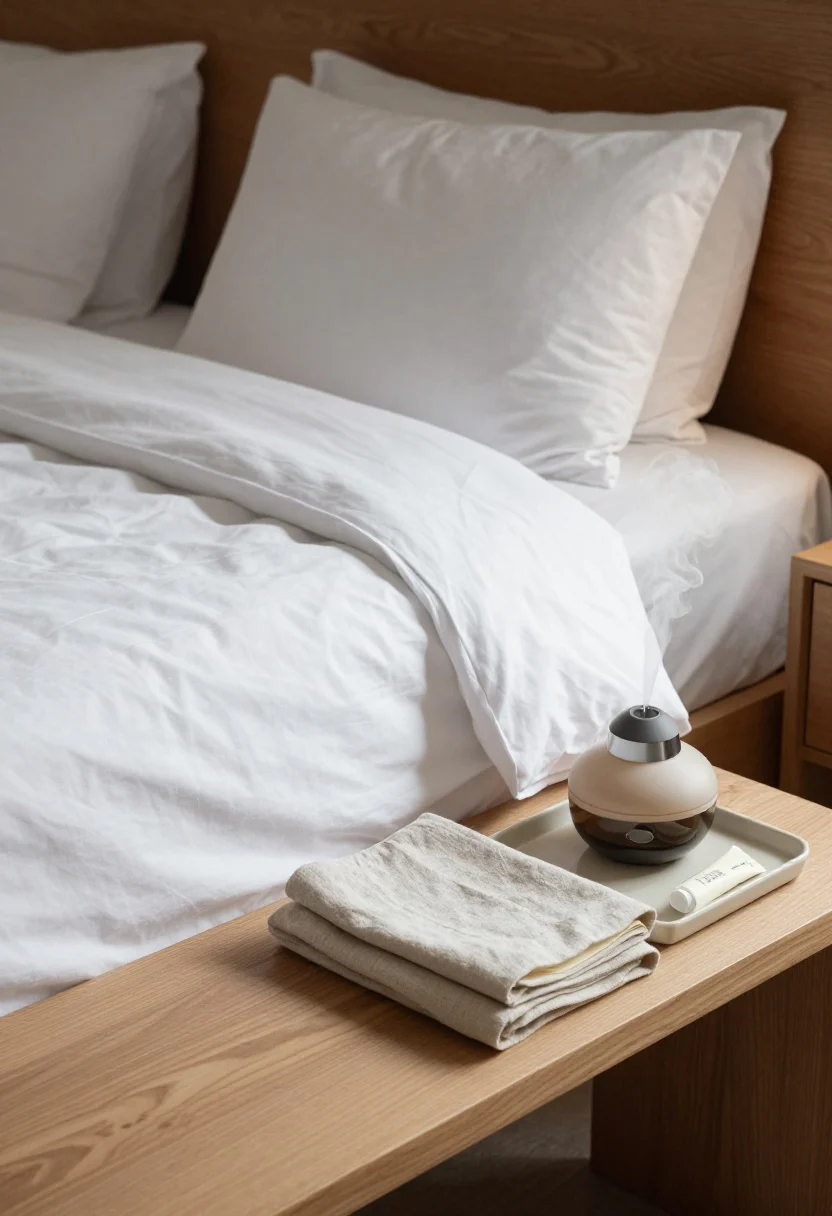 Medium shot, straight-on: Ritual-focused bedside zone—small shallow tray holding hand cream, a folded linen handkerchief, and a single book; a minimalist diffuser emitting subtle vapor (cedar/hinoki vibe implied), tech-free surface; at the foot of the bed, a narrow natural-wood bench with tomorrow’s outfit neatly placed; hidden charging shelf visible away from the pillow; calm evening light, serene and intentional.