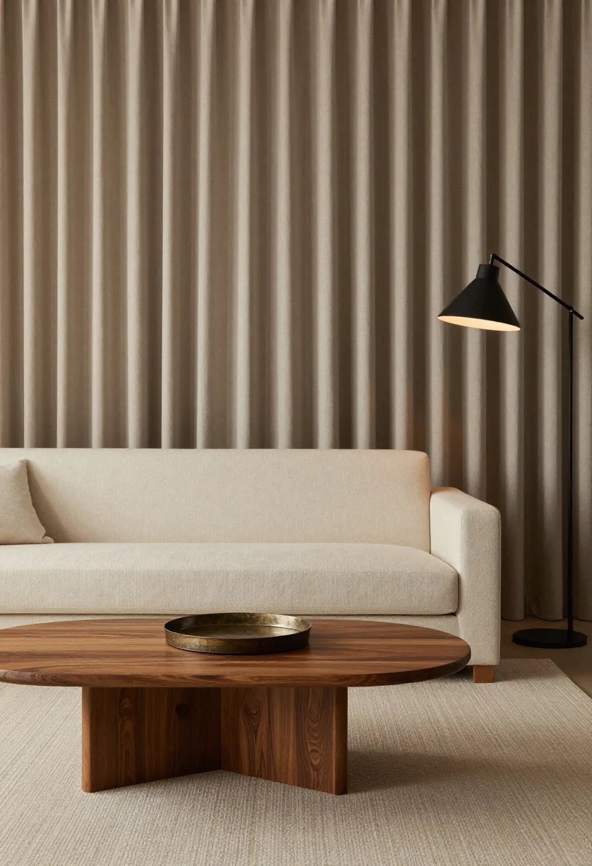 Medium shot with a subtle contrast moment in an all-neutral setting: cream sofa, oatmeal rug, and taupe drapes grounded by a single espresso wood coffee table and a black metal picture light over neutral art with a deep charcoal mat; repeat the dark note with a small aged-bronze tray on the table; warm ambient lighting at dusk for a refined, balanced edge without overwhelming the palette.