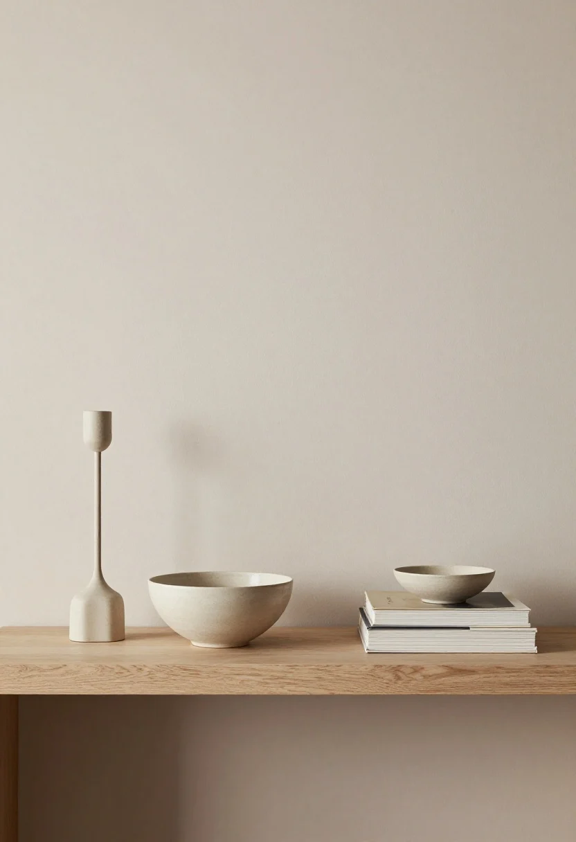 Medium, straight-on vignette of an edited console shelf showing intentional minimalism with soul: three grouped objects (one tall sculptural candleholder, one medium ceramic bowl from travel, one low stack of books), generous negative space around them; duplicates removed, blank wall behind to highlight the meaningful pieces; warm neutral palette; soft, diffuse lighting; photorealistic.