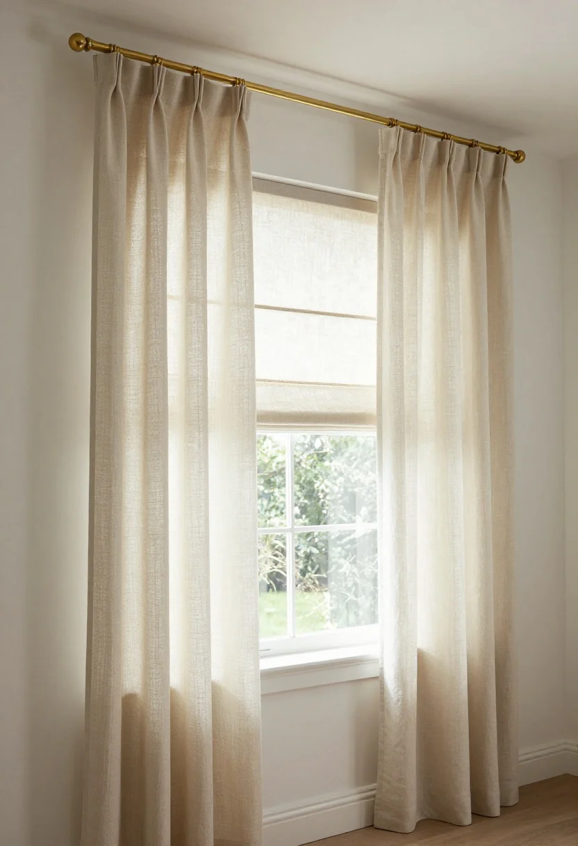 Medium straight-on window wall shot of custom-looking treatments: lined, floor-grazing linen-blend curtain panels in a warm white matching the wall tone, hung high (just below ceiling) and wide on a slim brass rod; ripple-fold header detail visible; proper fullness (2x width); beneath, a coordinated textured roman shade in the same tone; daylight filtering softly through liners, elongating the room.