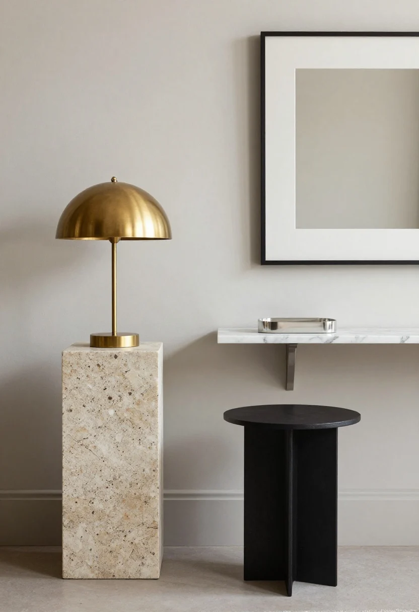 Medium vignette mixing metals and stone: a brass table lamp on a travertine pedestal, a blackened steel or black metal side table, and a polished nickel detail repeated on a picture frame. Include a marble tray on a console. Follow a 70/30 dominant-to-supporting metal ratio and repeat each metal at least twice. Neutral backdrop with balanced, natural light to show varied tones and textures.