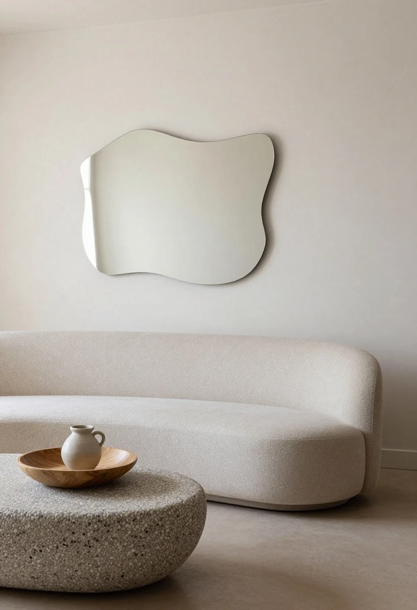 Medium vignette: Organic shapes and imperfect finishes—a streamlined modern sofa balanced by a rounded ottoman, a wavy-edge mirror on a textured plaster or subtle limewash feature wall, and a pebble-shaped side table topped with hand-thrown pottery and a carved wood bowl; curved silhouettes soften straight lines; diffuse daylight to reveal irregular textures; no people, photorealistic.