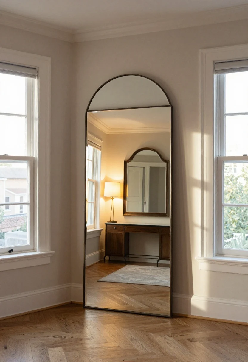 Medium-wide shot highlighting mirror magic: a tall oversized floor mirror placed opposite a window, bouncing daylight deep into the room; an arched vintage-inspired wall mirror above a console with a lamp to amplify evening glow. At the end of a narrow room, a framed mirror creates a focal point to soften the tunnel effect. Warm, bright atmosphere with clear reflections, straight-on perspective.