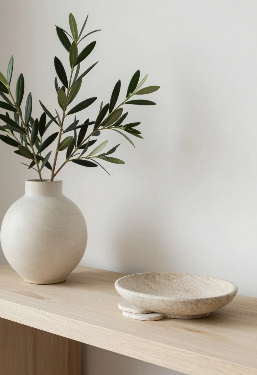 Minimalist coffee table and shelving detail emphasizing restraint: a sculptural ceramic vessel, a stone bowl paired with stone coasters, and negative space left intentionally. A live greenery element—a sculptural olive tree or a single statement branch in a low-profile planter—anchors the scene. Apply the “one in, one out” rule with fewer, high-impact pieces. Soft, natural light with clean shadows.