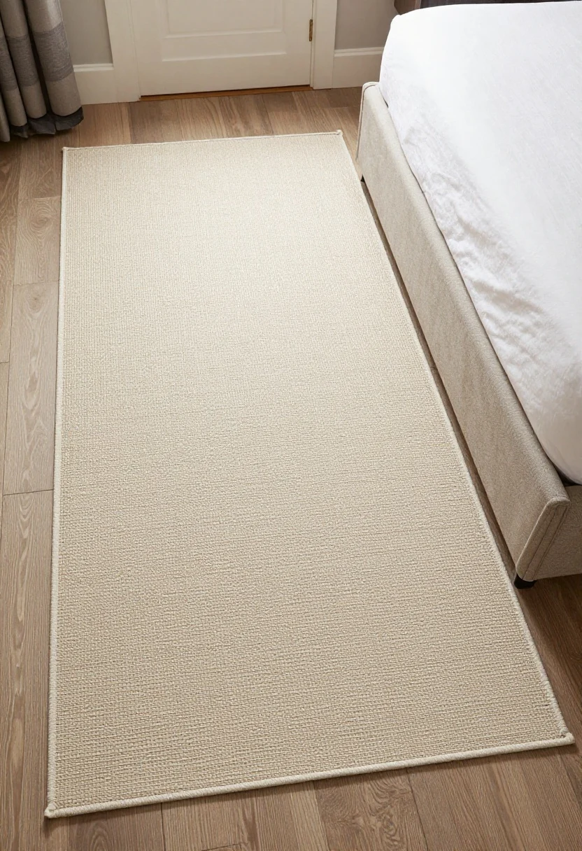 Overhead angle showing rug zoning: a queen bed with an 8x10 low-pile flatweave rug extending under the front two-thirds; a separate small flatweave rug defining a compact desk nook; a long runner placed on the traffic side of a narrow room; neutral tones, subtle pattern, thin rug pads barely visible; doors clear of rug edges for easy movement.