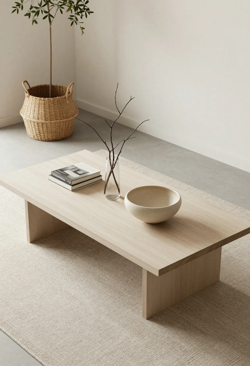 Overhead detail: Edited, purposeful styling—a minimalist coffee table with exactly three items of varied heights: a small stack of books, a sculptural ceramic bowl, and a simple branch; surrounding area clear, with a woven basket tucked under a console for hidden storage; seasonal touch implied by a natural element; soft, serene lighting for visual breathing room; no people, photorealistic.