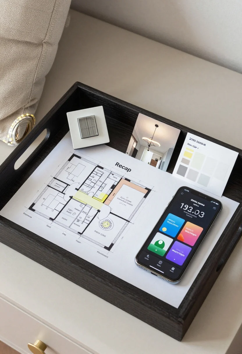 Overhead detail shot: A neatly organized quick-action plan on a nightstand tray representing the recap. Items include a mini floor plan sketch labeled with ambient, task, and accent zones; a dimmer switch; a swatch card noting 2700–3000K and 90+ CRI; a photo card of a statement ceiling fixture; a coil of LED strip; and a phone showing three smart scenes—Wake, Wind Down, Movie Night—summarizing the bedroom-lighting strategy.