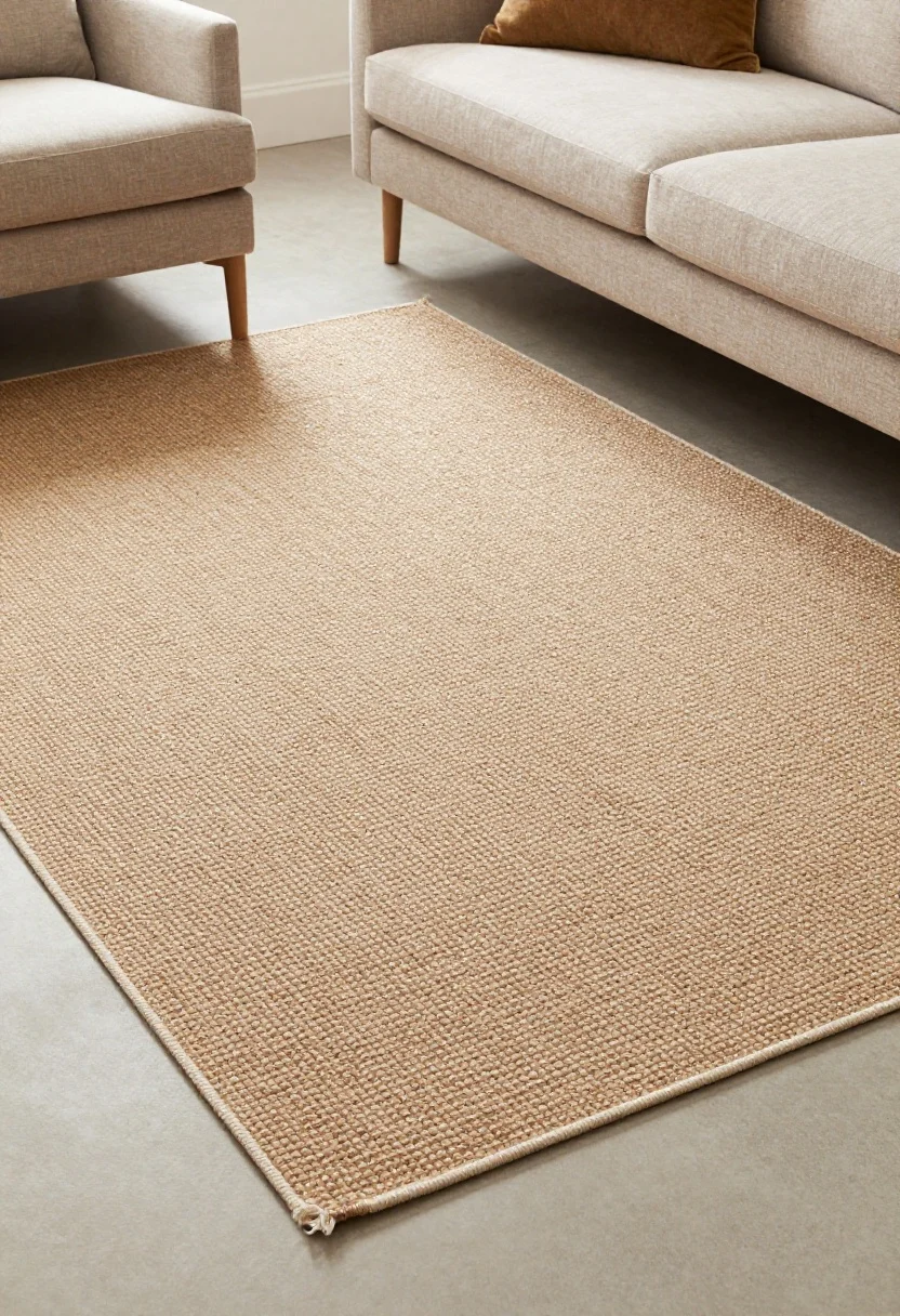 Overhead detail shot focusing on a generous rug: a large flatweave or jute-sisal blend rug sized so the front legs of both the sofa and chairs rest on it. Subtle, tonal pattern in calming neutrals. Include a visible rug pad edge at a corner and show the rug rotated to balance a long, narrow room. Soft natural light, photorealistic texture emphasis.