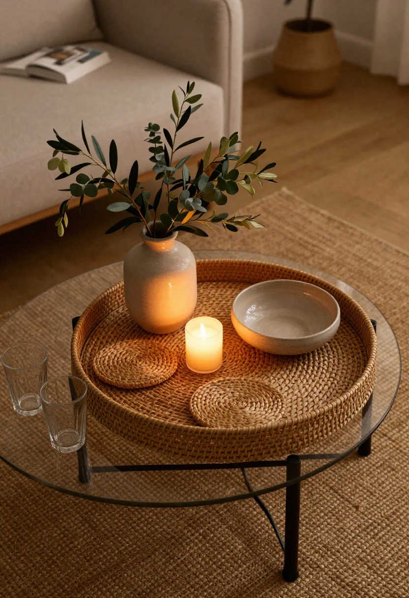 Overhead detail shot of a coffee table nighttime nook: a round woven tray corralling a low ceramic vase with olive or eucalyptus stems, woven coasters, and a flameless candle; a second texture (glazed ceramic bowl) next to the tray; clear space left for a book and two low glasses; table set on a jute or flatweave rug; soft, warm lamp glow