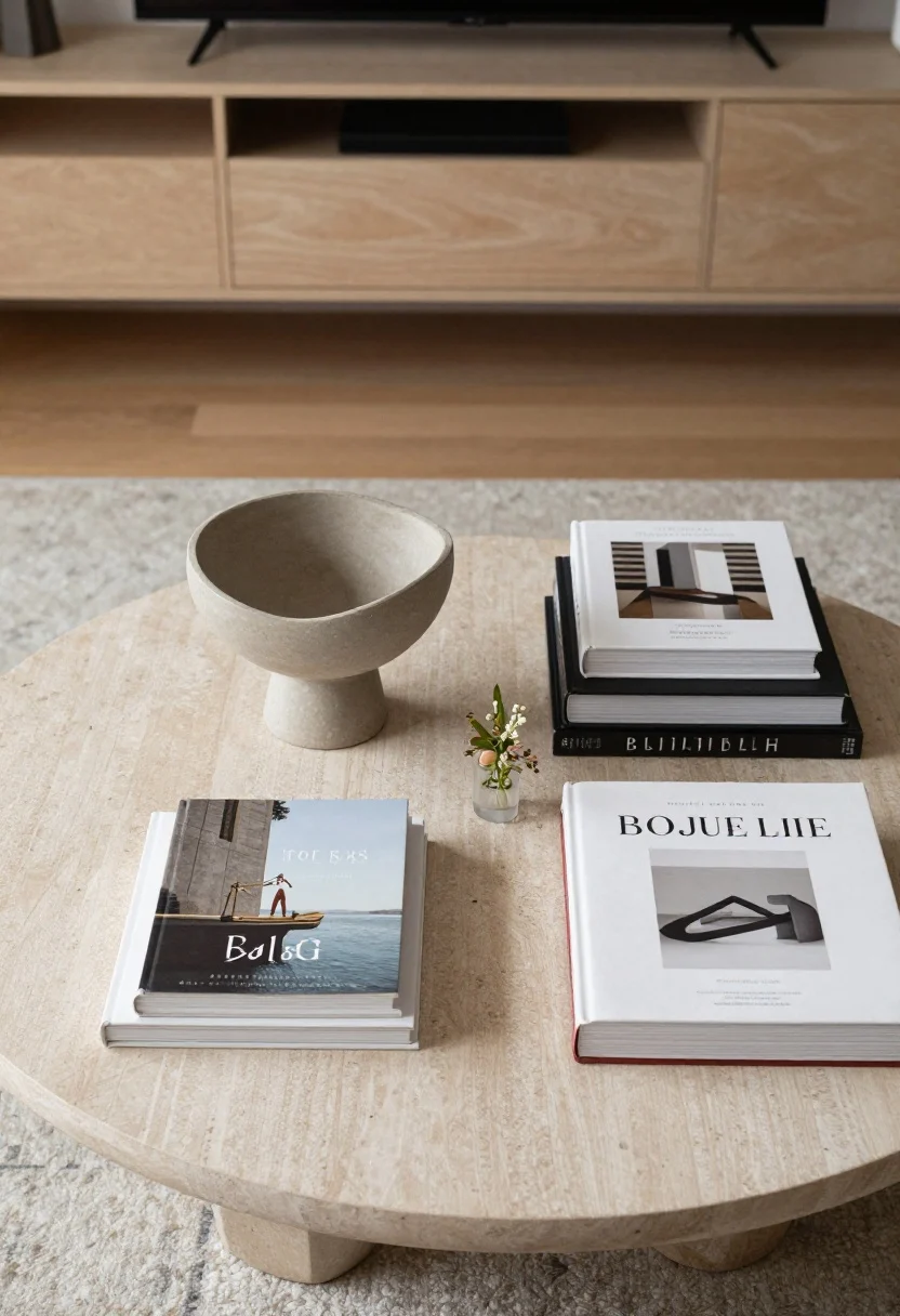 Overhead detail shot of a curated coffee table styled like a mini gallery: one sculptural object, a low floral arrangement, and a tight stack of beautiful art books on a stone or wood surface. Surrounding area shows edited surfaces with breathing room, closed storage in the background to hide clutter. Use odd-number groupings (3 or 5) and a single showstopper moment per zone. Natural daylight, crisp and refined.