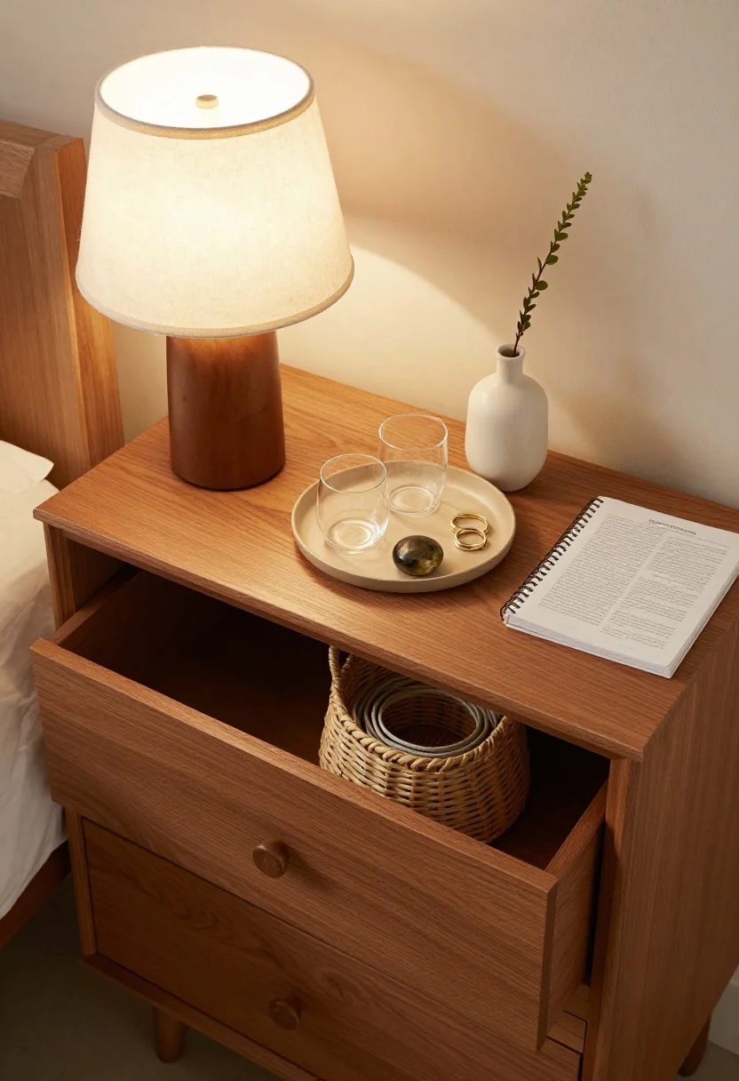Overhead detail shot: Styled nightstand top—fabric-shade lamp creating a soft pool of light, a small catchall tray corralling glasses and rings, one personal object (stone paperweight), and a bud vase with a single stem. Below, a woven basket for cords peeks out; closed-drawer nightstand in warm wood; clean, calm composition.