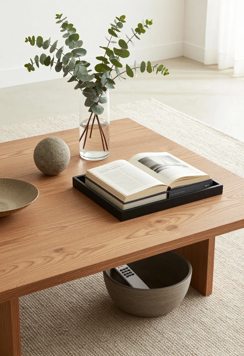 Overhead detail view: a rectangular oak coffee table styled by the rule of three. Base: a matte-black tray holding two artfully stacked hardcover coffee-table books. Height: a clear glass vase with fresh supermarket eucalyptus stems. Personality: a small sculptural stone object and a thrifted textured bowl. A remote is tucked into a shallow basket beneath the table; the setup rests on a neutral flatweave rug.