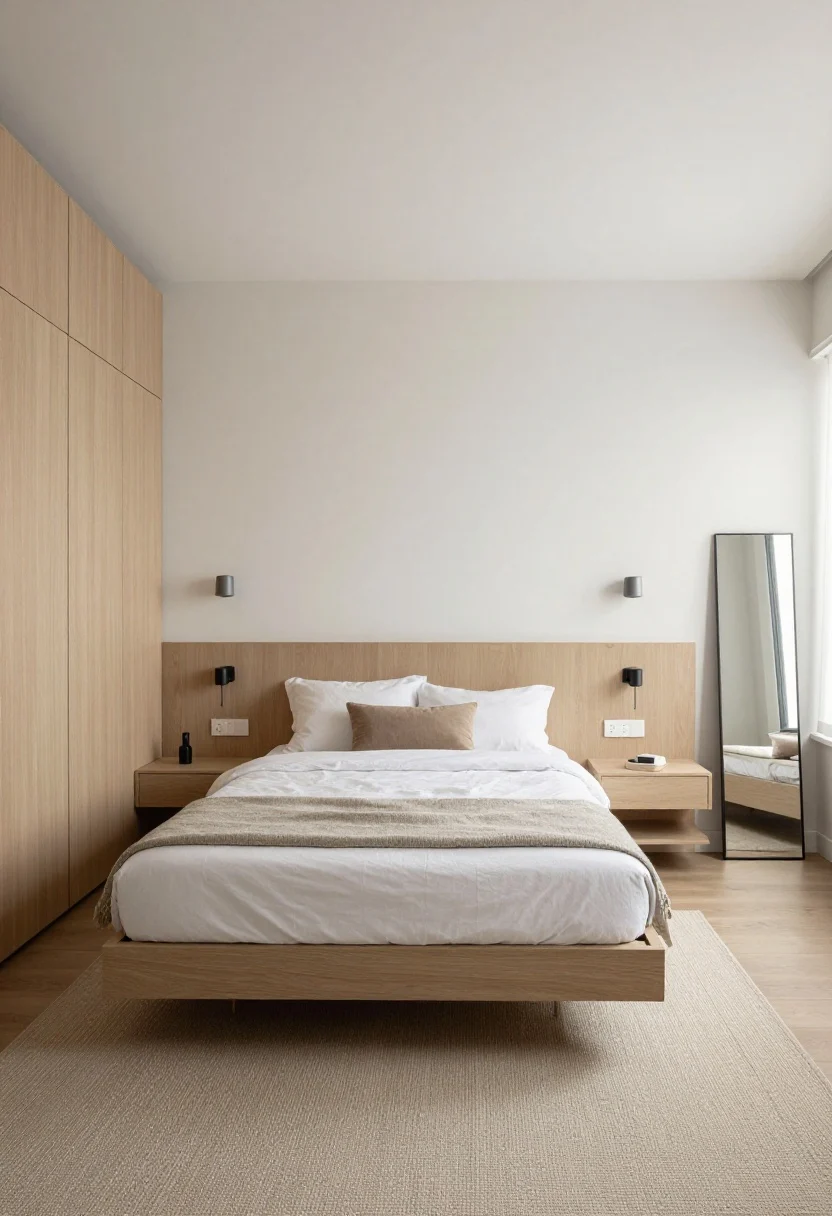 Overhead micro-layout vignette for a 9x10 room: full bed centered on the long wall, floating shelf nightstands, plug-in sconces 20 inches from each edge of the headboard, a color-matched wardrobe wall opposite, a runner rug along the traffic side, and a mirror placed near the window to double light; neutral palette, clean lines, photoreal floor plan perspective.