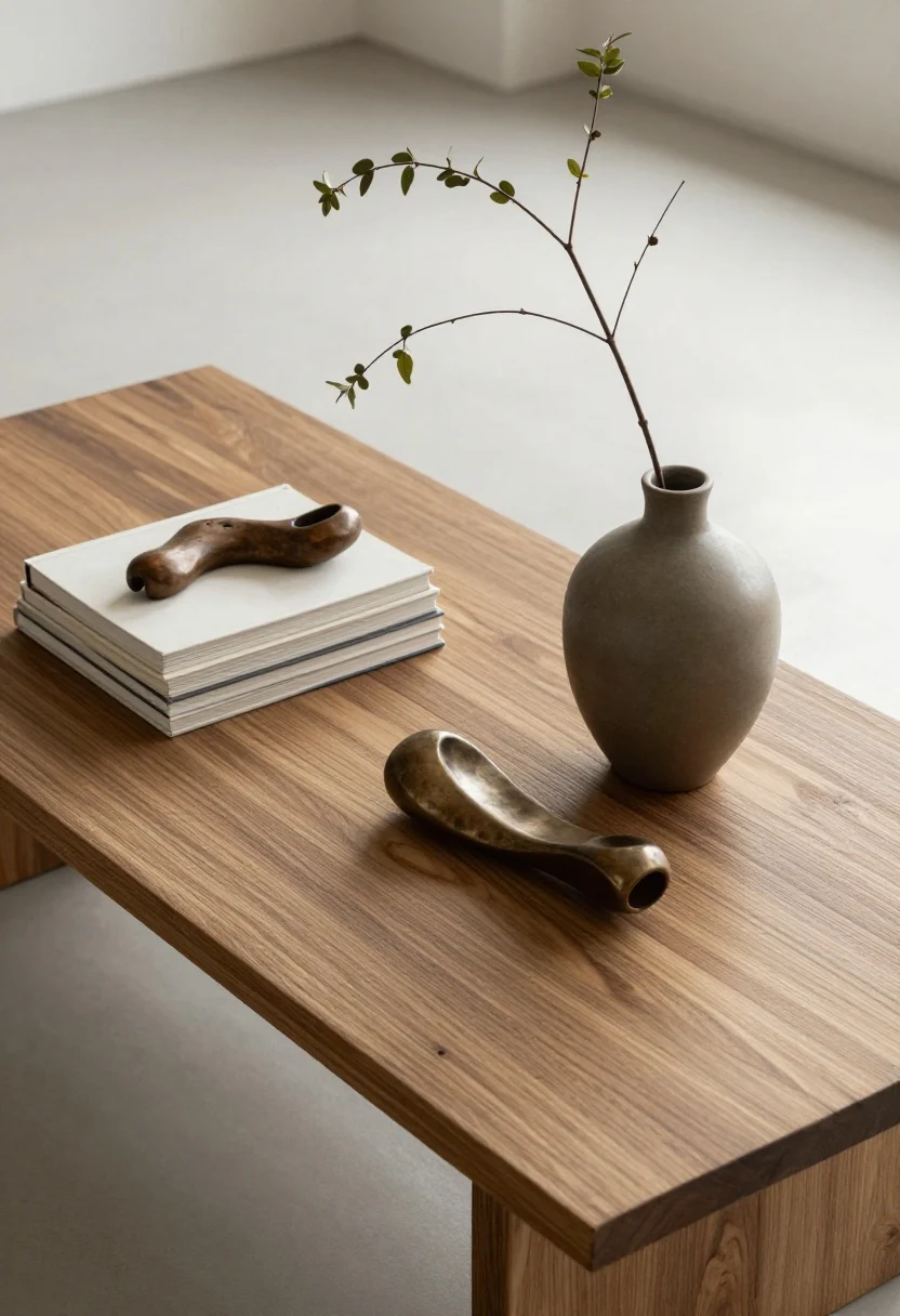 Overhead tabletop vignette shot demonstrating edited, curated styling: a driftwood-toned coffee table with one neat stack of neutral-spined books (dust jackets removed), a single sculptural bronze or carved-wood object, and one tall branch with sparse leaves in a matte ceramic vase; ample negative space around items; soft natural light from the side; the hero object reads quiet and intentional, no clutter.