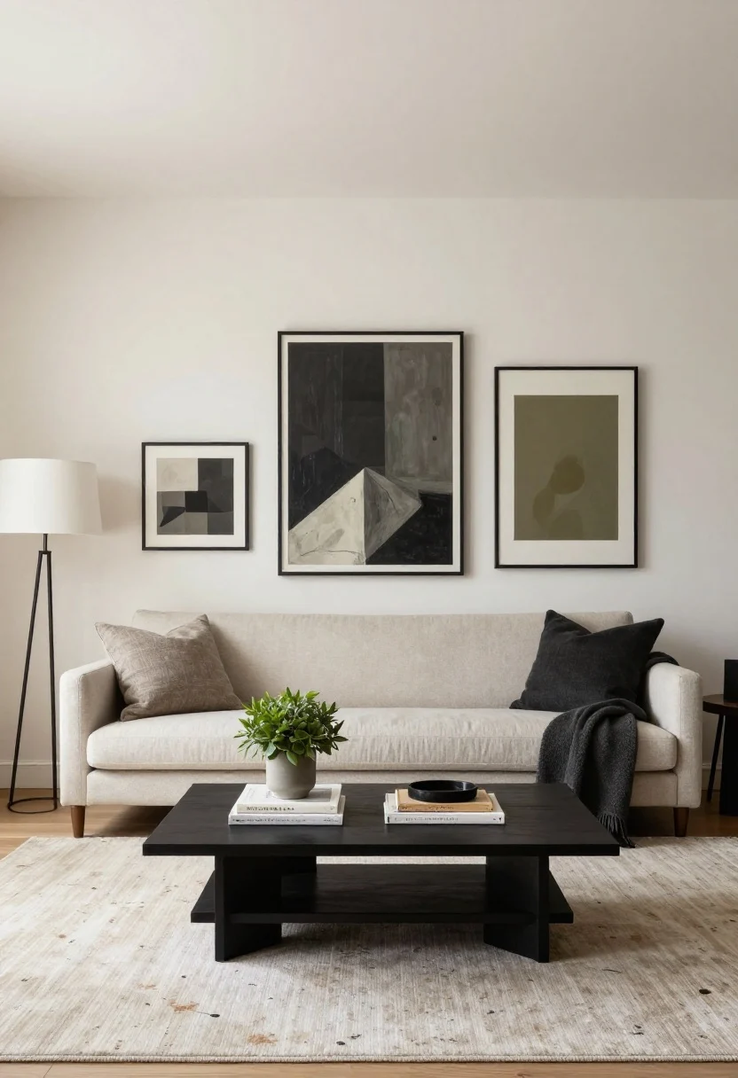 Photorealistic checklist-inspired wide room shot that quietly integrates all upgrades: warm, layered lighting with dimmers (floor lamp, table lamp, picture light), a large area rug properly scaled under furniture, oversized pillow inserts on a neutral sofa, unified art with mats and scale above the sofa, a styled coffee table with books/object/greenery, upgraded hardware and hidden cords, and one bold statement piece (vintage-look rug or oversized mirror) with space to shine; palette: warm whites, soft taupes, charcoal and black accents with a muted olive touch; balanced daylight creating an elevated, uncluttered mood.