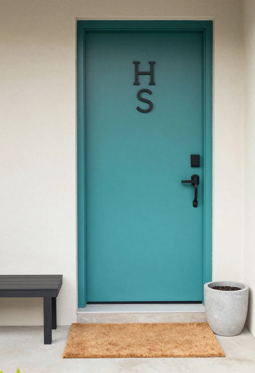 Photorealistic closeup detail of a statement entry: a front door in a saturated teal contrasted against a neutral exterior, matte black oversized modern house numbers mounted at eye level, and a streamlined mailbox echoing the hardware finish; include a slim landing zone with a low-profile bench and a simple concrete planter, plus a coir doormat; materials feel crisp and intentional; soft morning light with gentle shadows; tight straight-on crop emphasizing typography, color contrast, and finishes