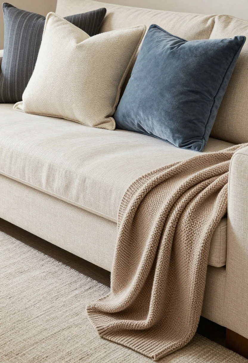 Photorealistic closeup detail of layered textiles on a neutral linen sofa: oversized 22-inch pillows in a trio—thin charcoal stripe, small herringbone in cream, and a solid slate blue velvet—plumped with down-alternative inserts; a casually draped chunky knit throw in warm taupe on the arm; foreground hint of a generous 8x10 wool rug extending beyond the sofa edge; tight palette of two mains (cream and charcoal) plus one accent (slate blue); soft natural light highlighting weave, pile, and boucle texture on an adjacent accent pillow.