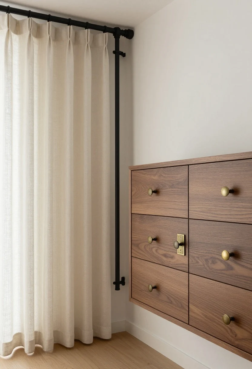 Photorealistic closeup detail of upgraded hardware and small finishes: a media cabinet in matte walnut with solid metal pulls in antique brass replacing dated hardware; nearby, a thick, substantial black curtain rod mounted high and wide with linen-look curtains just kissing the floor; matching clean switch plate and outlet cover in the same finish; wall cord neatly hidden behind a paint-matched cord cover; palette: warm whites, walnut, antique brass, matte black; crisp daylight emphasizing refined edges and materials.