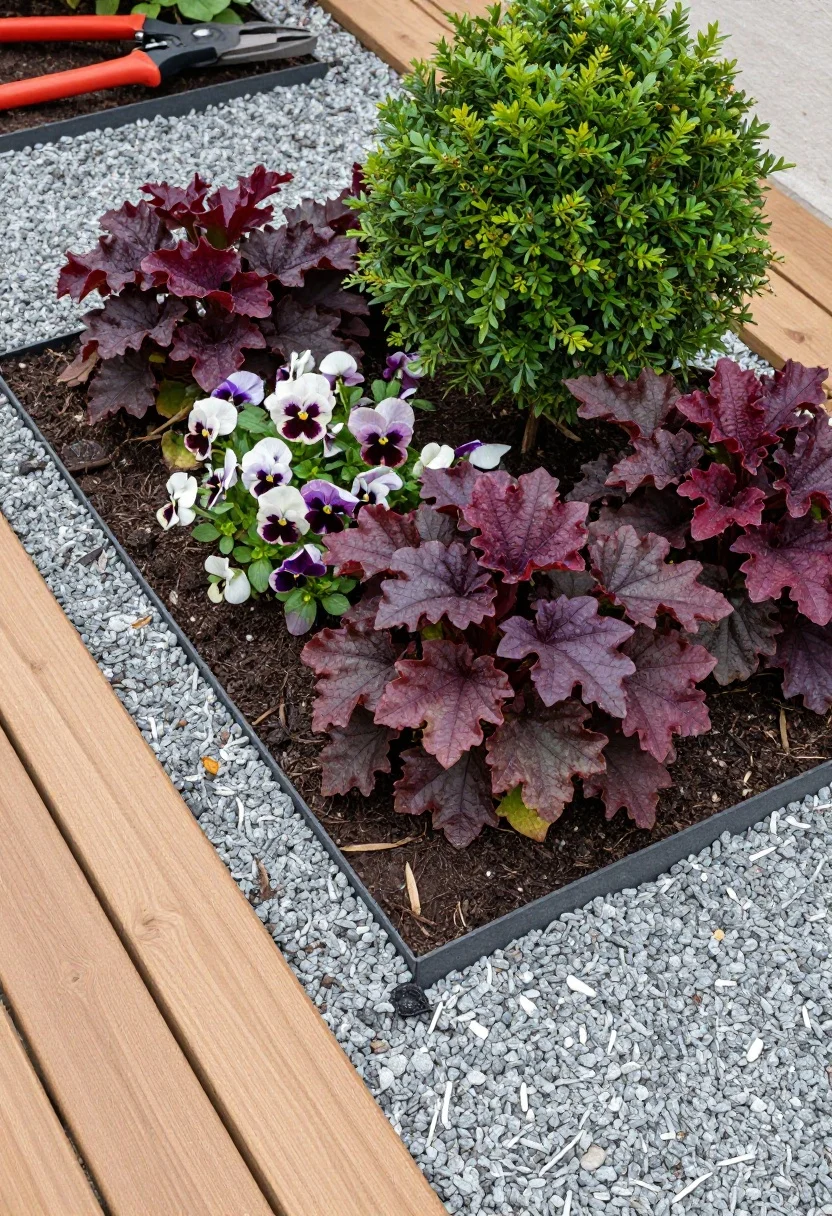 Photorealistic detail shot illustrating seasonal touch-ups: an overhead view of an entry planter swapped for the cool season—heuchera and pansies in rich jewel tones—set on refreshed gravel with subtly re-sealed cedar slats nearby; fine clippings from a recently trimmed sculptural shrub visible on pruners to the side, conveying light, consistent maintenance; textures of moist soil, crisp gravel edges, and satin wood sheen are highlighted; diffused natural daylight for true color rendering; tight top-down composition focusing on texture and care