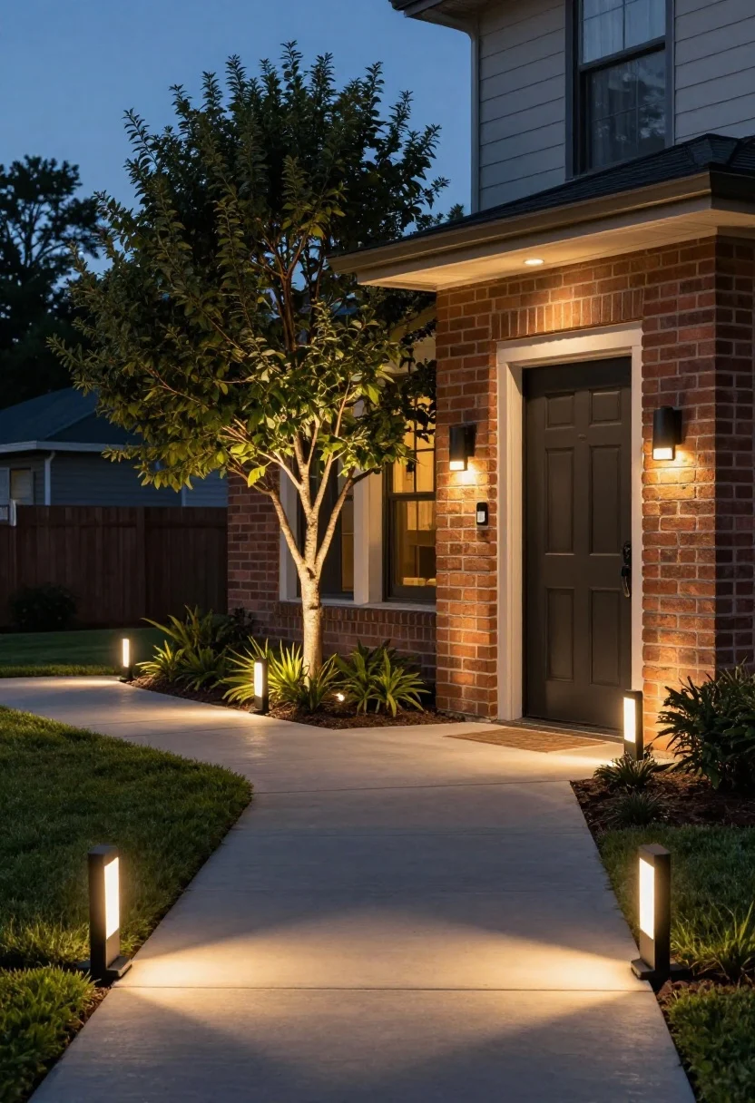 Photorealistic dusk scene focusing on layered front yard lighting: soft, shielded low-voltage path lights placed every 6–8 feet along a clean walkway, one tree dramatically uplighted with a subtle beam, and a warm 2700K LED glow at the front door illuminating brick and paint; include a smart dimmer-equipped wall sconce by the entry; balance is restrained—no overlighting; cool evening sky with warm pools of light; medium straight-on view from the sidewalk capturing path, specimen plant, and door glow