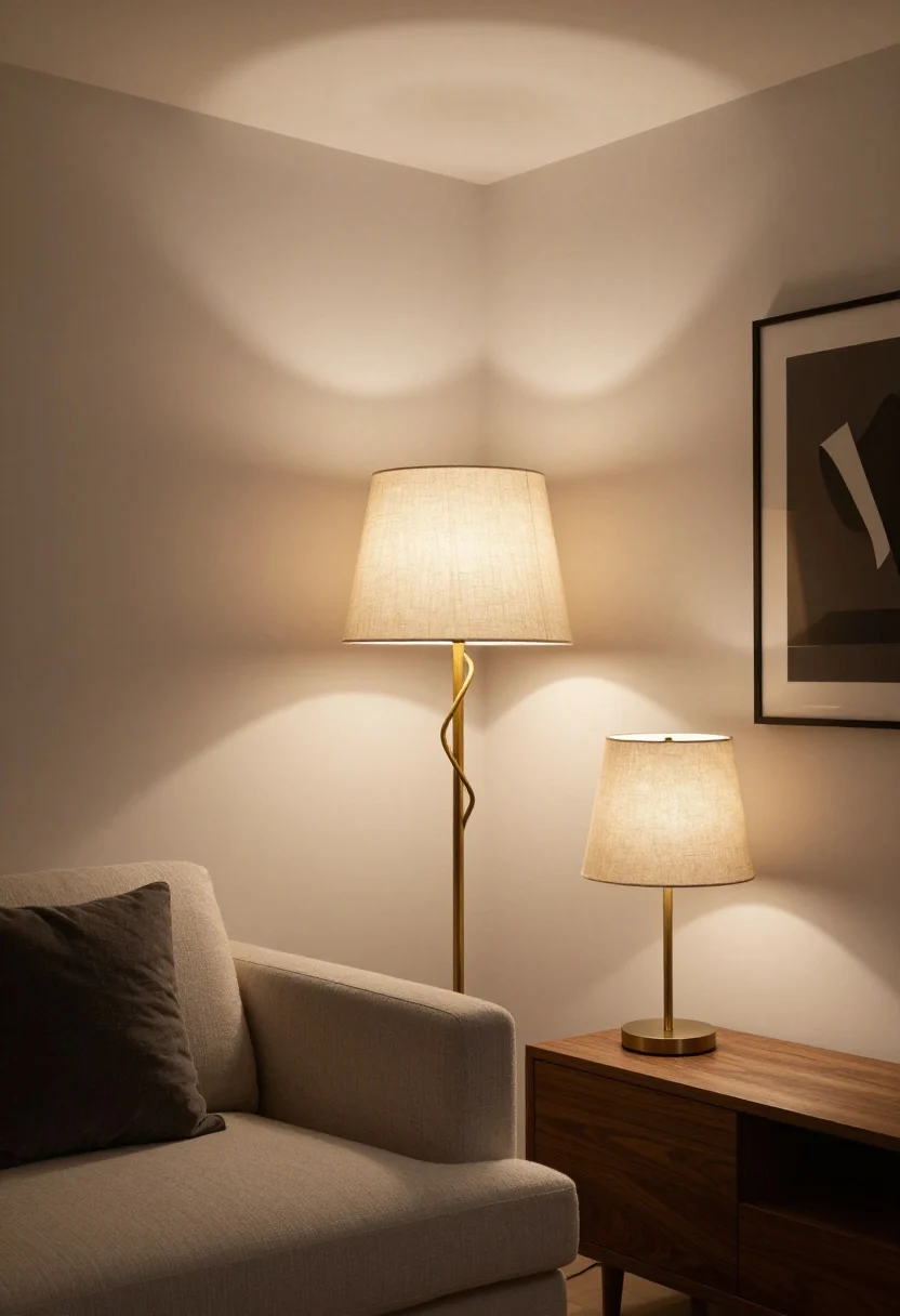 Photorealistic medium shot of a living room corner showcasing layered lighting: a sculptural brass floor lamp casting warm 2700K glow, a petite linen-shaded table lamp on a walnut side table, and a slim battery-operated brass picture light illuminating a framed artwork on the wall; include a semi-flush ceiling light softly diffused in the background; textures: pleated linen lamp shade, linen drum shade; palette: warm whites, soft taupe walls, brass and black accents; mood: cozy “hotel lobby glow,” no people, evening ambiance with dimmable, warm LEDs creating soft shadows.