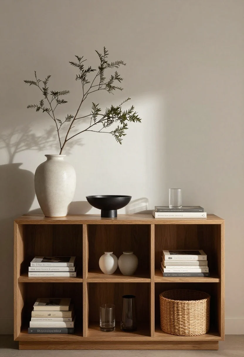 Photorealistic medium shot of an edited console vignette emphasizing negative space: objects arranged by the rule of thirds—tall ceramic vase with a single dramatic branch, a low black metal bowl, and a glass object—spaced with ample breathing room; mix of materials (wood console, glass, ceramic, metal) for depth; shelves below show selective curation with a few hardcover decor books and a woven storage basket; palette: warm whites, oak, charcoal, black; soft side lighting for subtle shadows and calm sophistication.
