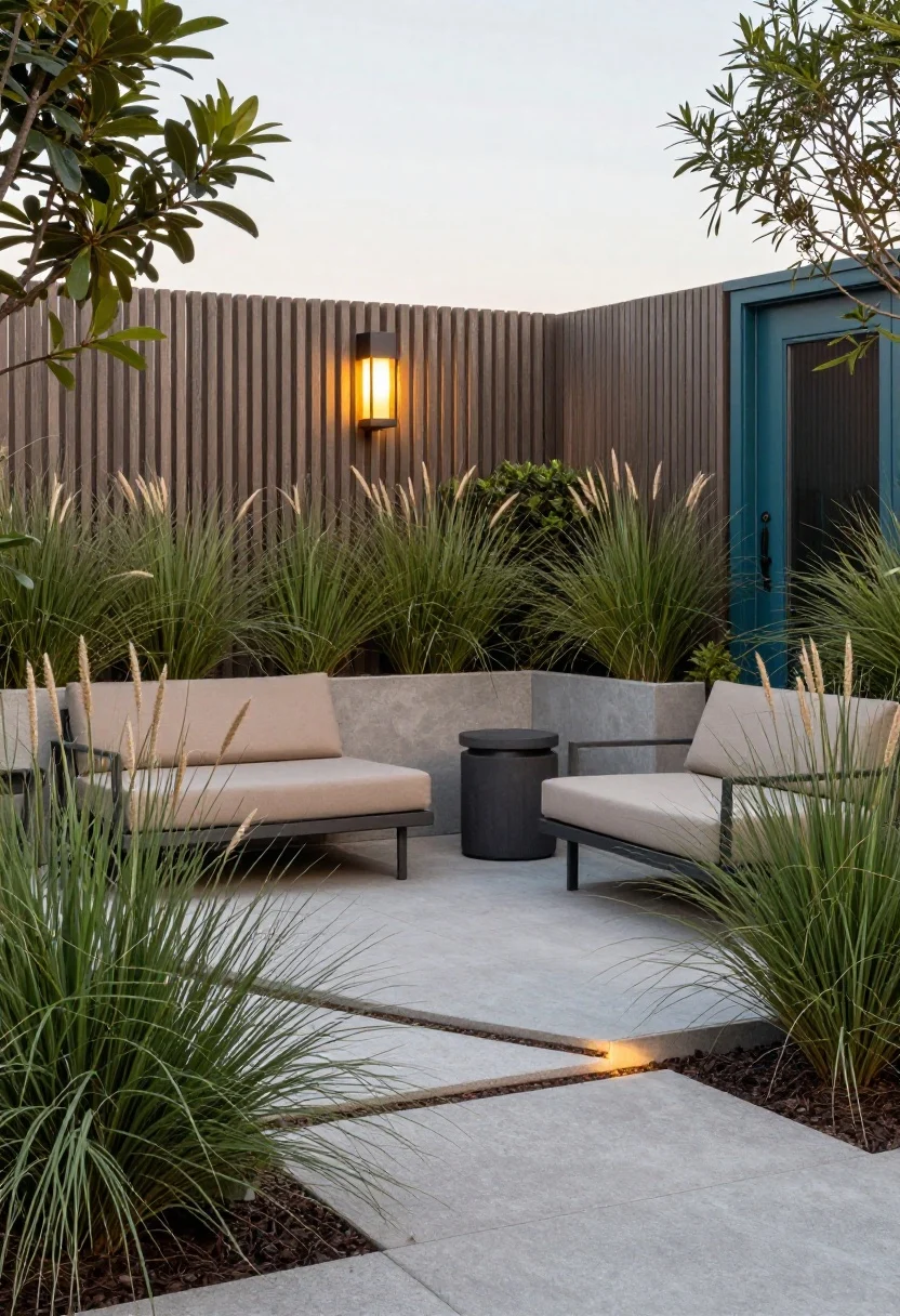 Photorealistic medium shot of an outdoor room up front: a compact micro patio defined by a small paver pad off the walkway, framed by low hedges and tall ornamental grasses for airy enclosure; slatted privacy screen in the background; two weatherproof lounge chairs with a petite side table; layered planters at different heights forming a soft privacy veil; fabrics in taupe, sand, and charcoal with one pop color echoing the front door; early evening ambiance with a single lantern adding warm glow; angled view from the corner of the pad