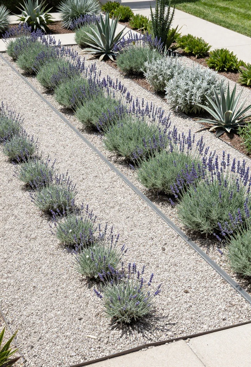Photorealistic medium-wide view of a gravel garden and water-wise layers: a cleanly edged bed with 2–3 inches of pea gravel/crushed fines, steel edging sharply separating gravel from adjacent planting; drought-tolerant favorites—lavender, salvia, agave, sedum, rosemary, artemisia—grouped by height for year-round interest; muted gray-green and silvery foliage tones pop against the neutral gravel; include discrete drip irrigation emitters partially visible; bright, dry midday light accentuating texture; slight overhead angle to showcase layout and layers